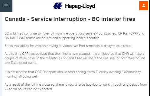 北美山火引發(fā)供應(yīng)鏈中斷風(fēng)險，船公司發(fā)布96小時延誤提醒