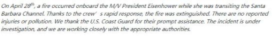 事故丨一艘集裝箱船在洛杉磯起火！曾掛靠上海、青島等國內(nèi)港口