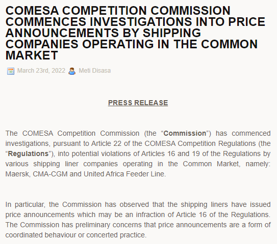 非洲監(jiān)管機構對馬士基等三家班輪公司，發(fā)起運價調查！