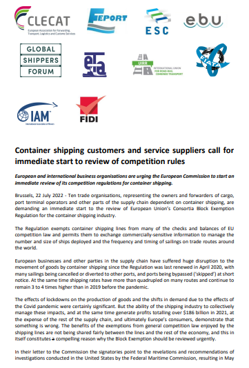 10大國際組織聯(lián)名，要求歐盟審查班輪公司競爭豁免法規(guī)！