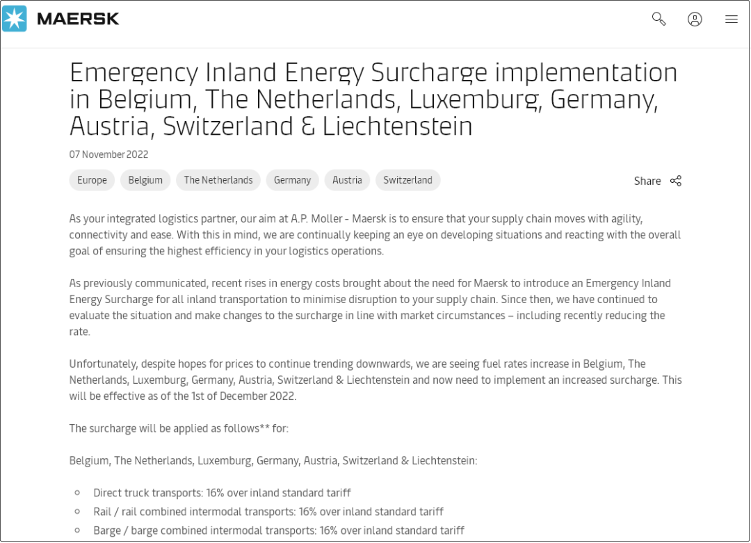 馬士基宣布上調(diào)緊急內(nèi)陸燃油附加費(fèi)，下月起生效