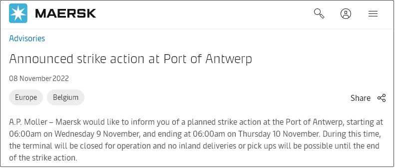 該國工會舉行大罷工！海陸空均受限，安特衛(wèi)普港暫停運(yùn)營，船公司發(fā)布通知
