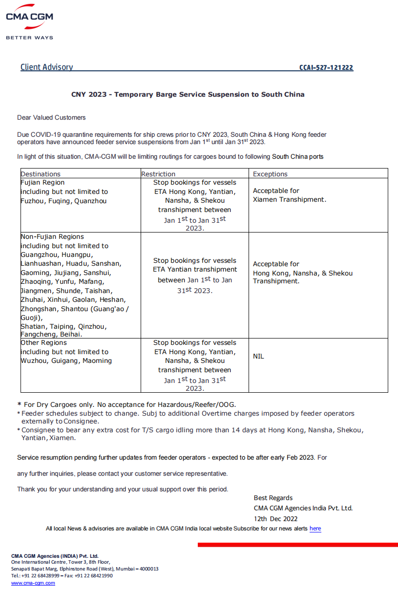 兩大船公司宣布：春節(jié)前后將暫停接收運往華南地區(qū)的貨物！