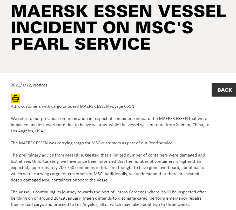 馬士基掉箱船舶改道前往墨西哥，一半丟失集裝箱來自地中海航運(yùn)