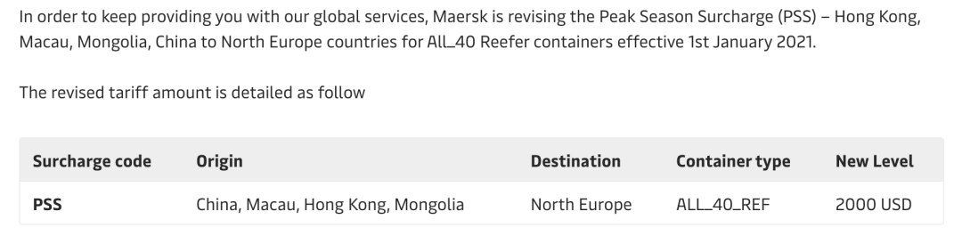 2021年運費再漲！馬士基對中國大陸至北歐冷箱征收2000美元附加費，赫伯羅特、東方海外收取新一輪附加費