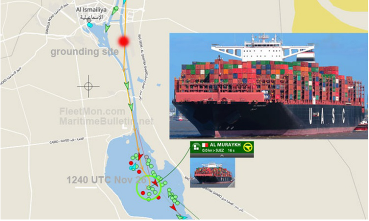 赫伯羅特超大型集裝箱船在蘇伊士運(yùn)河擱淺，運(yùn)河通航受阻